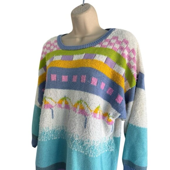 Vintage Pronto Moda 80s 90s Women's Sz L Pink Blue Striped Checkered Sweater - Picture 2 of 8